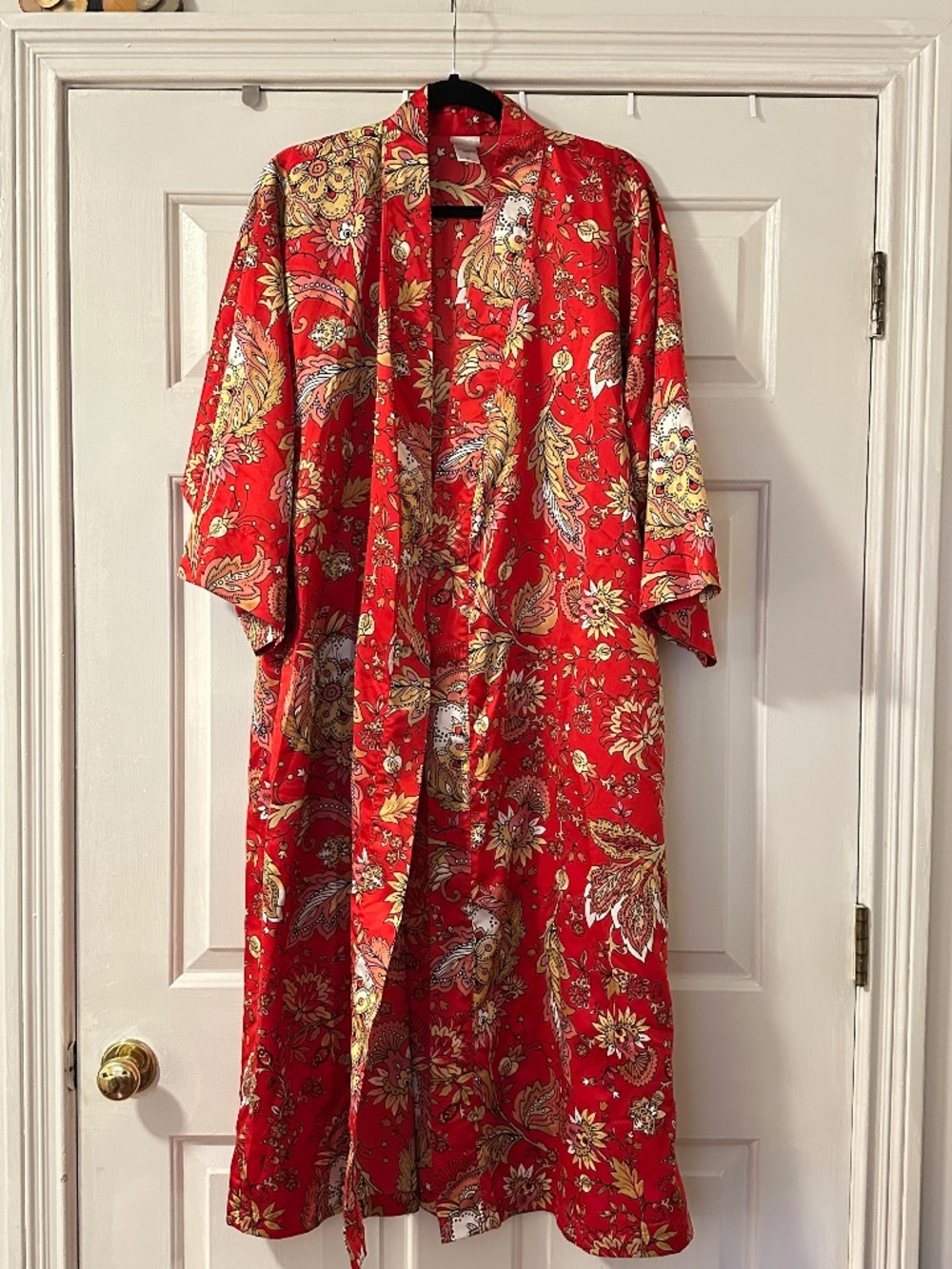 Natori Kimono Robe Open-Front Women's Medium Satin Red Floral Dressing Gown Gold